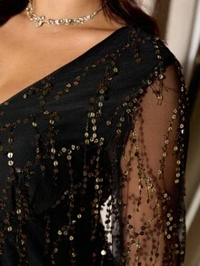 Elaquor Đầm lưới đính tua rua dự tiệc thời trang cỡ lớn - màu đen - Xem 7