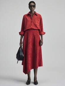 Ontre 2025 新款秋冬女式纯色红色裙子，实用百搭日常设计师风格，柔软的绒面革面料，宽松版型，商务休闲，办公室通勤，日常穿着，韩版时尚，拉链设计，适合 5-15°C，适合万圣节、圣诞节、节假日、度假派对、婚礼宾客装束、茶会、女士办公室装束、职业装束、优雅简约、都市时尚、时尚短裙女式中长裙 - 鏽棕色 - 查看 1