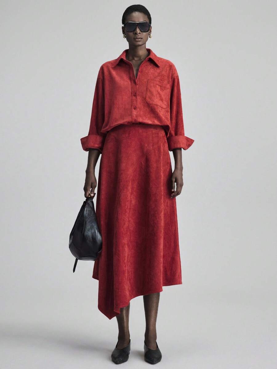 Ontre 2025 新款秋冬女式纯色红色裙子,实用百搭日常设计师风格,柔软的绒面革面料,宽松版型,商务休闲,办公室通勤,日常穿着,韩版时尚,拉链设计,适合 5-15°C,适合万圣节、圣诞节、节假日、度假派对、婚礼宾客装束、茶会、女士办公室装束、职业装束、优雅简约、都市时尚、时尚短裙女式中长裙 - 鏽棕色 - 查看 1