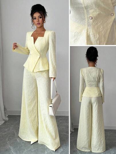 Elenzga 女式两件套，奶油黄色格子花卉纹理面料长袖上衣，仿珍珠纽扣装饰，直筒裤，优雅时尚