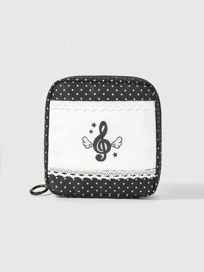 Kawaii Fashionable Cartoon Contrast Lace 2 Grid Retro Girl Thick Padded Large Capacity Portable Cosmetic Bag, Small Square Bag 442464