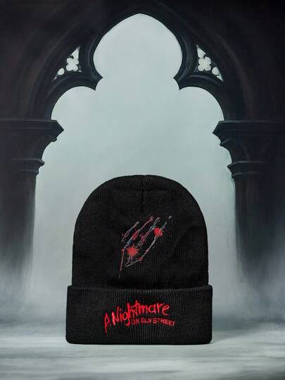 A Nightmare on Elm Street X ROMWE Y2K 朋克风格字母刺绣时尚简约针织帽，独特小众街头摇滚破洞印花男女通用寒冷天气帽，适合约会、校园、通勤，一款特别时尚温暖的配饰