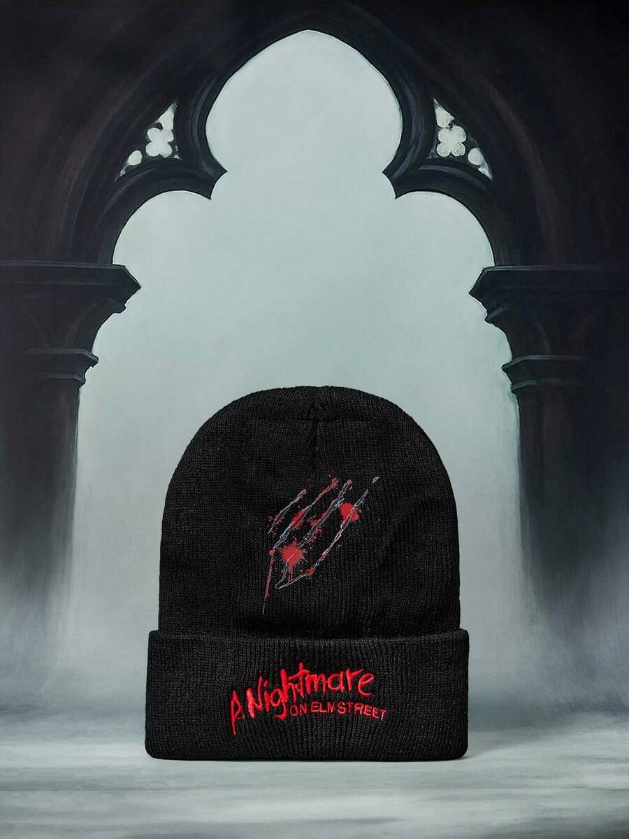 A Nightmare on Elm Street X ROMWE Y2K 朋克风格字母刺绣时尚简约针织帽,独特小众街头摇滚破洞印花男女通用寒冷天气帽,适合约会、校园、通勤,一款特别时尚温暖的配饰 - 黑色 - 查看 1