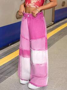 SHEIN Tween Girl Y2K Fashionable Loose Fit Denim Jeans With Frayed Hem Design And Contrast Color Raw Detailed, Spring And Summer Boho - Pink - View 3