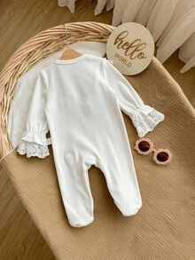 新生女宝宝可爱休闲针织弹力白色荷叶边长袖连体衣 - 白色 - 查看 9