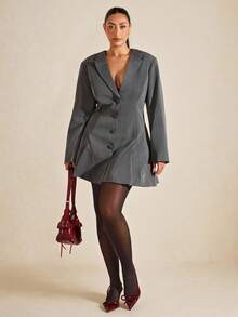 SHEIN BAE 秋冬大码优雅通勤褶皱下摆前扣连衣裙