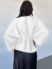 Firerie 女士新款优雅浪漫休闲都市通勤时尚百搭咖啡棕色圆领蝙蝠袖长袖系带X型修身衬衫，适合教师穿着，春夏秋季皆宜 - 白色 - 查看 2