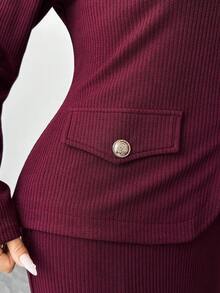 Elenzga Elegancki, dopasowany garnitur dla kobiet w dużych rozmiarach, w jednolitym kolorze, z okrągłym dekoltem i długim rękawem, jednorzędowy top i spódnica z rybim ogonem, jesień