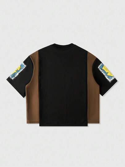 Street Life T-shirt imprimé patchwork pour hommes, style streetwear ample et court de style rétro