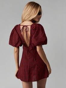 MISSGUIDED Summer Gingham Mini Dress Button Down Empire Waist Puff Sleeve Tie Front Bow Back A Line Retro Style Christmas - Red and Black - View 2