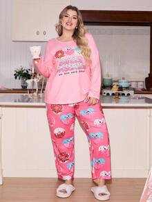 Plus Size Cute Pink Donut Print Comfortable Pajama Set Donut Pajamas Curvy Pajama Pink Sets Pajamas Plus Size Set Sleep Wear Women Plus Cartoon Pajamas Women Kawaii For Autumn/Winter, Cozy Outfit, Fall Clothes