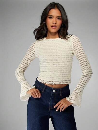 MISSGUIDED Crochet Lace Bell Sleeve Top Elegant Winter Festive Long Sleeve Blouse Delicate Knit Holiday Party Evening Boho Wedding Guest