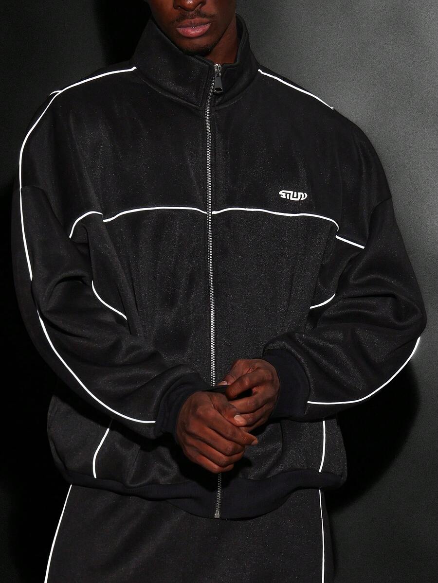 SUMWON 经典运动外套，白色滚边细节，全拉链高领，街头风冬季必备长袖休闲日常穿着拉链外套，纯色 - 黑色 - 查看 1