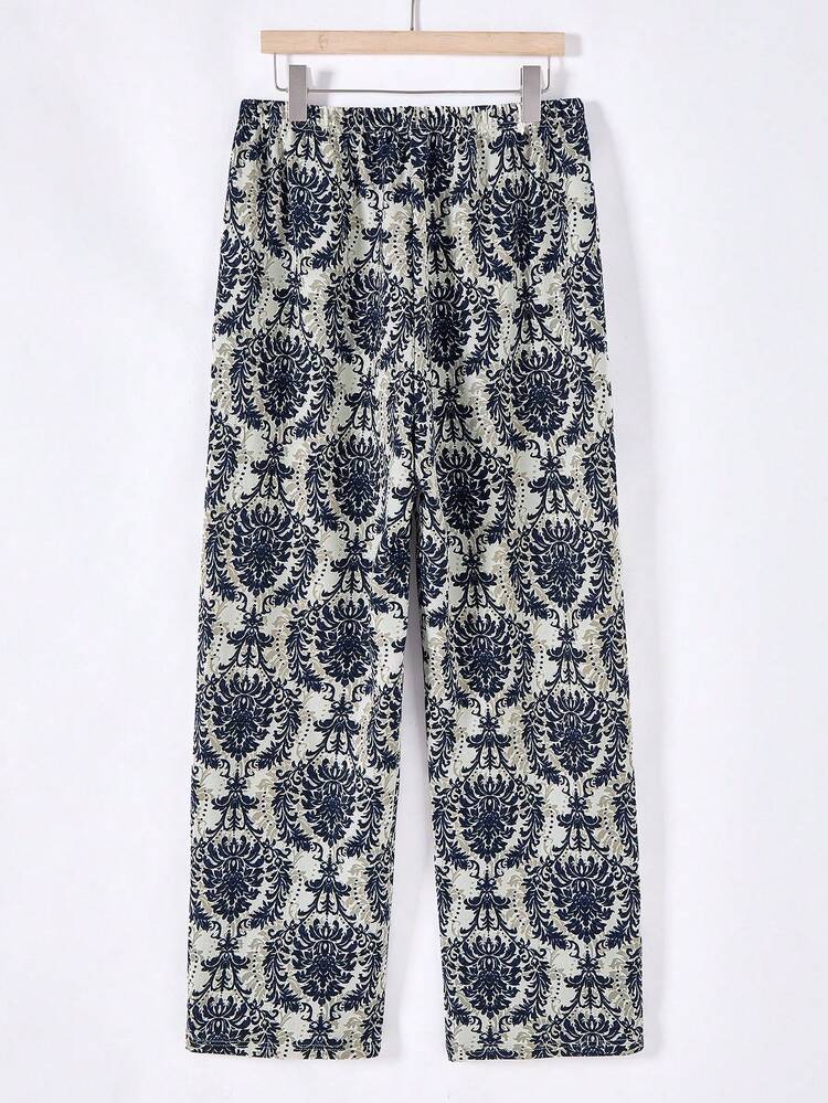 プラスサイズ女性の秋のカントリーカジュアルヴィンテージ花柄プリントデイリーロングパンツ、ポケット付き、お出かけ、2025年新作、シンプルでファッショナブル、秋冬レディースパンツ