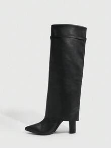 CUCCOO SZL 女士户外尖头粗高跟扣装饰黑色 PU 皮革时尚简约舒适日常聚会宴会侧拉链靴 - 黑色 - 查看 4