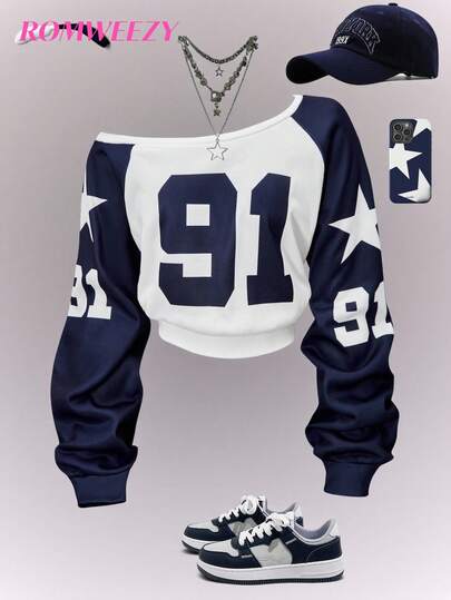 Asymmetrischer Schulter Nummer 91 Stern Grafik Sweatshirt für Teenager Mädchen, Herbst