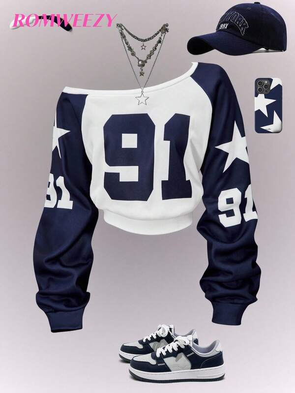 Teen Girls' Asymmetrical Shoulder Number 91 Star Graphic Sweatshirt, Autumn Fall Winter