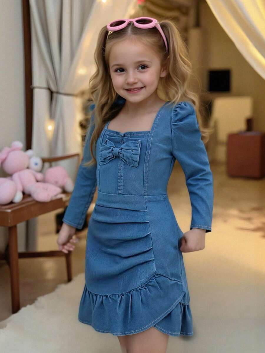 Elladie kids Girls Blue Autumn Washed Casual Fitted Pleated Denim Dress,Ruched Hem,Cute Bow Decor,Suitable Everyday Wear,Minimalist & Fashionable Fall Winter - Medium Wash - View 1