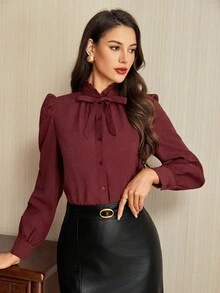 Vintamour 复古经典优雅女士衬衫，秋冬修身蝴蝶结衬衫，酒红色长袖纽扣衬衫，女士冬季服装，新年女装，红色上衣，酒红色上衣，女士衬衫，优雅女士衬衫 - 酒紅色 - 查看 5
