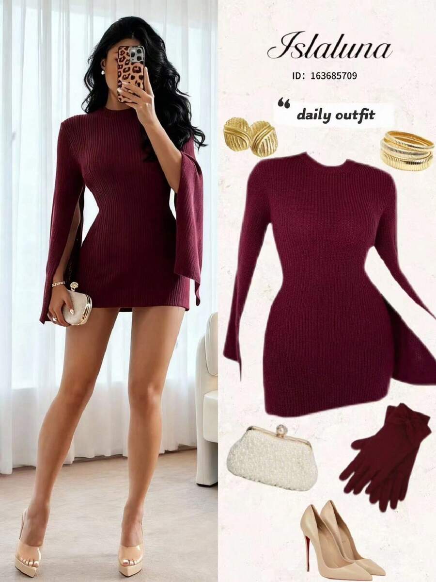 Islaluna Women's Elegant Minimalist Versatile Design Fashionable Split Hem Long Sleeve Fitted Sweater Burgundy Formal Clothing