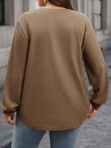 EMERY ROSE Plus Size Solid Color Casual Pullover Sweatshirt, Autumn/ Winter - Brown - View 2