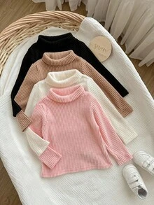 SHEIN 4 件 Babygirl 可爱休闲纯色针织高领长袖上衣（上衣和裤子单独出售） - 彩色 - 查看 4