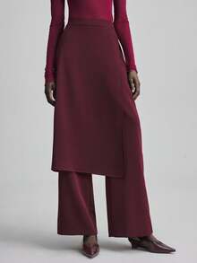 Ontre 女士秋季及踝高腰侧拉链解构两件套裤子，适合城市通勤、商务休闲、办公室穿着、教师装 - 酒紅色 - 查看 6