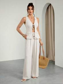 SHEIN Tall 2件套简约纯色亚麻露背串珠套装（吊带背心和阔腿裤），适合工作、派对、休闲、正式场合 - 米色 - 查看 6