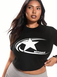 Solavibe 休闲星星和文字印花圆领短袖修身大码女式 T 恤，适合夏季 - 黑色 - 查看 2