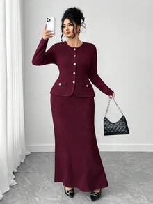 Elenzga Elegancki, dopasowany garnitur dla kobiet w dużych rozmiarach, w jednolitym kolorze, z okrągłym dekoltem i długim rękawem, jednorzędowy top i spódnica z rybim ogonem, jesień
