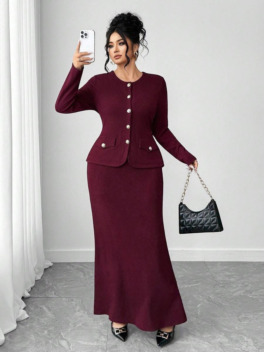 Elenzga Elegancki, dopasowany garnitur dla kobiet w dużych rozmiarach, w jednolitym kolorze, z okrągłym dekoltem i długim rękawem, jednorzędowy top i spódnica z rybim ogonem, jesień