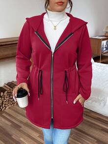 Calvaya Plus Size Women Casual Solid Color Zip-Up Long Sleeve Jacket - Red - View 1