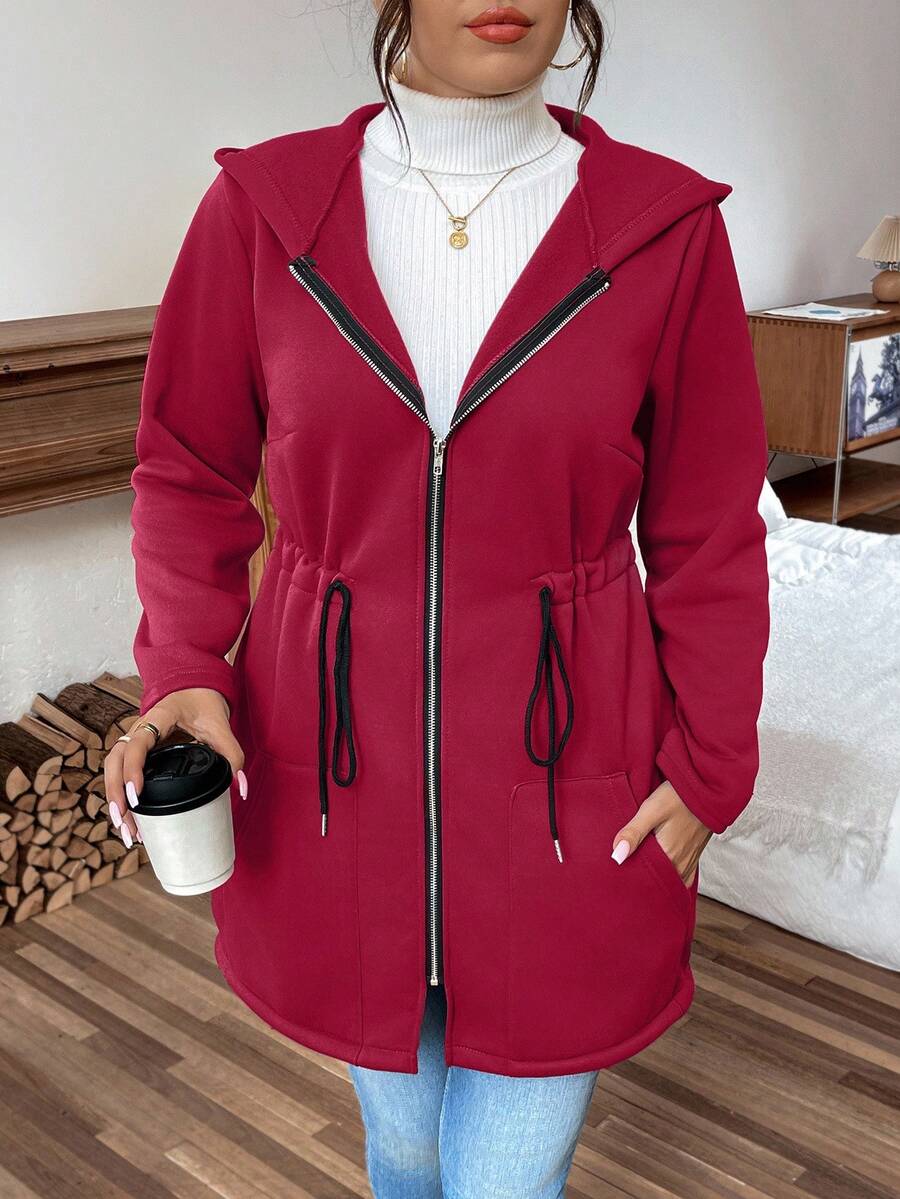 Calvaya Plus Size Women Casual Solid Color Zip-Up Long Sleeve Jacket - Red - View 1