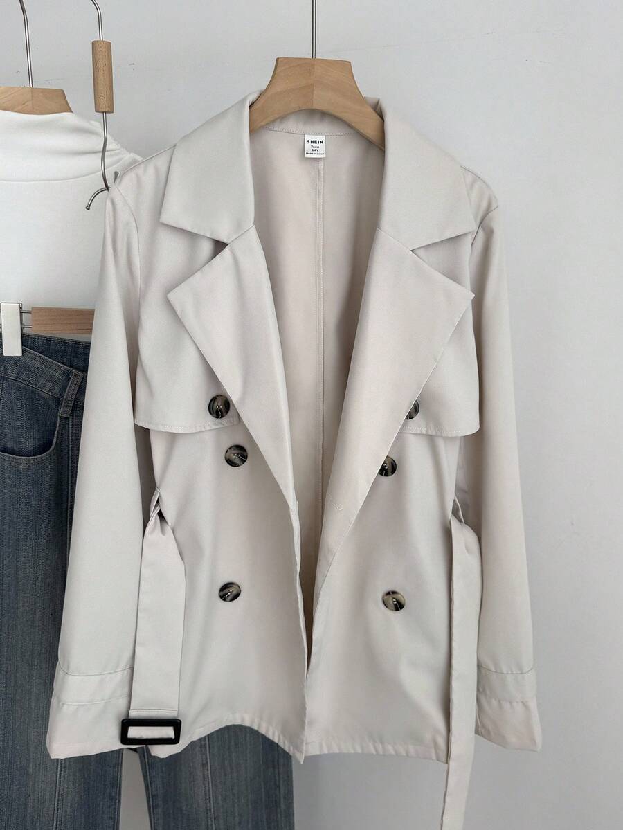 SHEIN Teen Girls Trench Coats Double-Breasted Cinched Waist Mid-Length Trench Coat Fall Winter