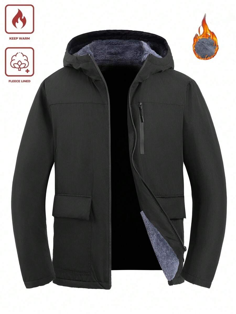 Manfinity Homme 男士休闲多功能保暖连帽外套，秋冬季 - 黑色 - 查看 1