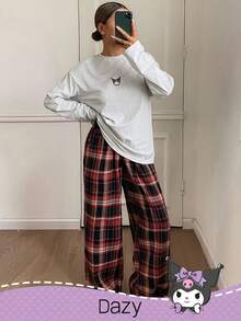 HELLO KITTY AND FRIENDS | SHEIN DAZY Damen süßer Cartoon-Grafik Langarm-Top und karierte weite Hose Loungewear-Set, bequeme Freizeitkleidung, Frühling/Herbst, gemütliche Outfits, Herbst-Winter-Kleidung