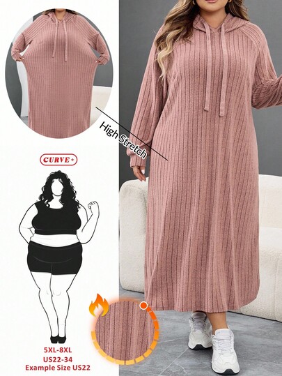 SHEIN CURVE+ Plus Size Women's Ribbed Fabric Long Sleeve Hooded Loose Dress