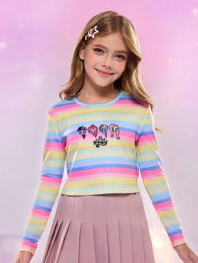 My Little Pony X SHEIN 女童可爱彩色条纹卡通小马印花长袖T恤，秋季