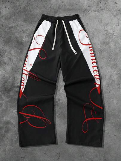 Street Life Unisex Straight Leg Woven Pants With American English Graphic Print, For Fall