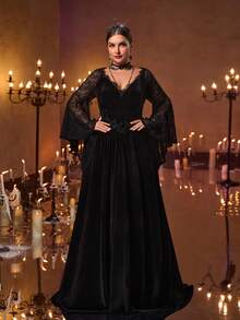 Glamrae Große Größen Herbst und Winter elegantes romantisches luxuriöses Off-Shoulder Spitzen-Splicing koreanisches Samt-Spitzen-Applikations-Design asymmetrisches Rüschen-Trompeten-Langarm-Slim-V-Taille-Abschnitt Oversized A-Linie Plus-Schwanz geeignet für Abendessen, Junggesellinnenabschied, Date, Tanz, Urlaub, Hochzeit, Abendveranstaltung (schweres Modell) Gothic-Stil