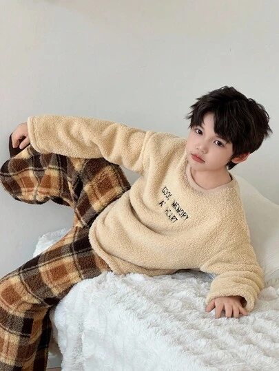 DAZY 两件套男童抓绒圆领字母刺绣卫衣和长裤家居服套装，秋冬款