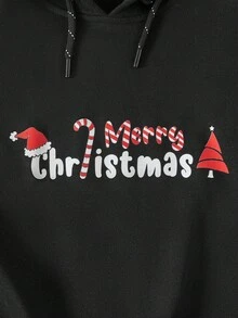 RueChic Cotton Men 1pc Christmas Print Drawstring Hoodie - Black - View 4