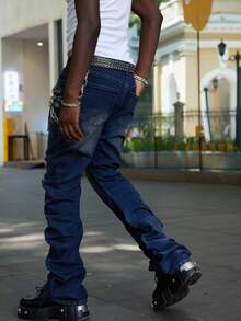 ROMWE MEN Street Life Men's Heavy-Weight Distressed Layered Washed Denim Jeans - Blue - View 9