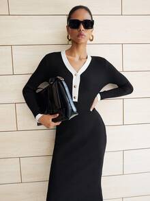 Lumivelle Váy len gân đen trắng - màu đen - Xem 6