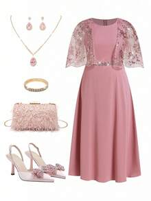 Ellevyn 大码女式圆领蕾丝拼接优雅长裙，夏季 - 粉色 - 查看 11