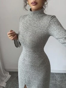 Modelyn 女式高领紧身针织开衩连衣裙，秋冬 - 淡綠 - 查看 7