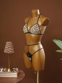 Bare Chapter 2pcs Leopard Print Lingerie Set, Comfortable Halter Tie Strap Sexy 3-Piece Outfit ClassicAnimalPrint - Multicolor - View 3