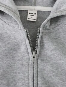 SHEIN 2件組 青少年女孩休閒卡其色秋季簡約針織連帽長袖衛衣外套套裝，返校季，舒適日常上學，冬季 - 駝色 - 查看 5