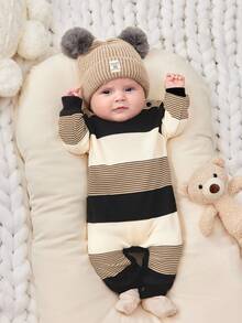SHEIN 新生女宝宝休闲可爱针织条纹长袖按扣裆连体衣，适合秋冬季室内外穿着，婴儿派对礼物 - 彩色 - 查看 7