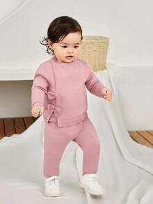 SHEIN 女婴可爱纯色针织毛衣配蝴蝶结装饰和松紧腰裤套装，秋冬季